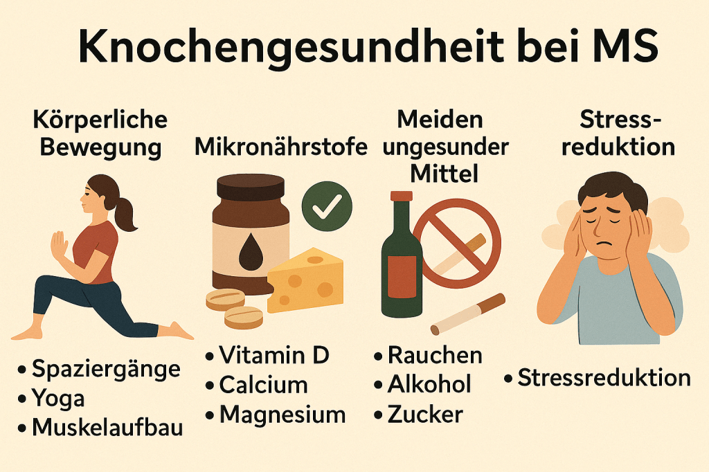 Infografik „Knochengesundheit bei MS“ mit vier Bereichen: Bewegung, Mikronährstoffe, Vermeidung ungesunder Mittel und Stressreduktion – jeweils mit Symbolen und Stichpunkten zur Vorbeugung von Osteoporose.
