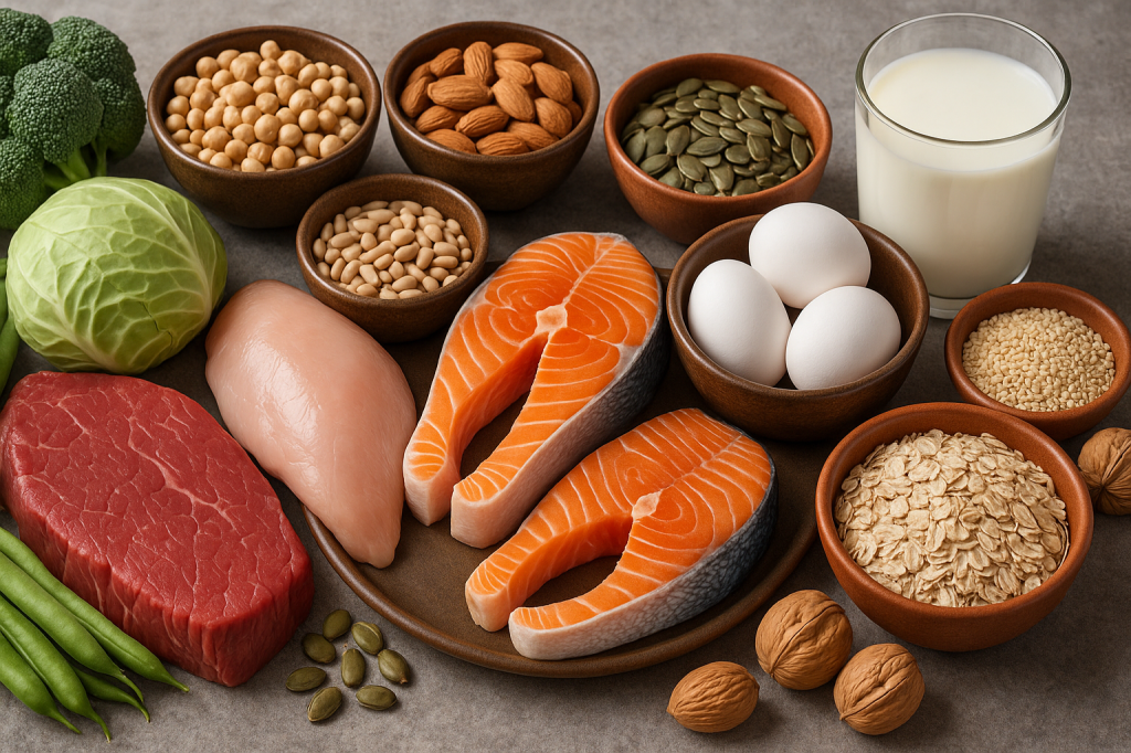 Das Bild zeigt Lebensmittel mit relativ hohem Cholingehalt: Fleisch, Geflügel, Fisch, Milchprodukten und Eiern - in pflanzlichen Lebensmitteln v.a. in Kohlgemüse, Bohnen, Nüssen, Samen und Vollkorngetreide 