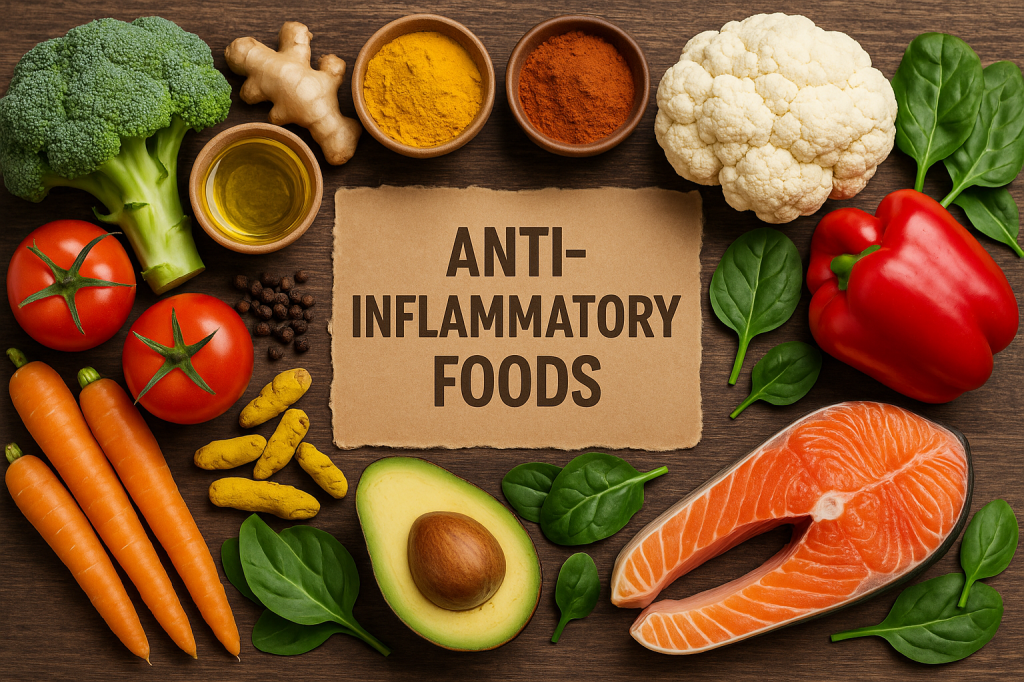 Ein Bild mit enzzündungshemmenden Nahrungsmitteln. Brokkoli, Blumenkohl, Gewürze, fetter Fisch, Ingwer,..