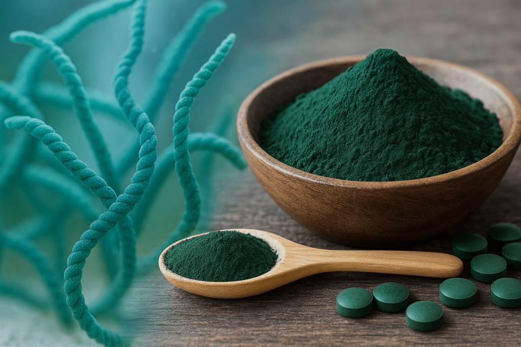 Nahaufnahme von Spirulina in zwei Formen: links die blau-grünen, spiralförmigen Algen im Wasser, rechts Schale und Löffel mit Spirulinapulver sowie Tabletten auf einer Holzoberfläche.