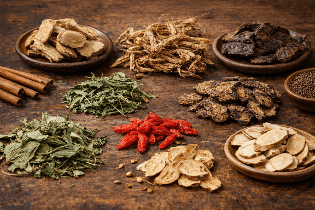 Abbildung beispielhafter pflanzlicher Arzneidrogen aus der chinesischen Kräutermedizin, wie sie auch in klinischen Studien zur MS eingesetzt wurden. Die konkrete Zusammensetzung variiert je nach individueller Rezeptur.