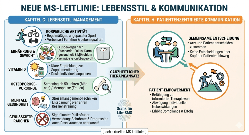 ine Infografik mit dem Titel „NEUE MS-LEITLINIE: LEBENSSTIL & KOMMUNIKATION“. Die Grafik ist in zwei Hauptbereiche unterteilt, die durch einen Pfeil mit der Aufschrift „GANZHEITLICHER THERAPIEANSATZ“ verbunden sind.

Der linke Bereich (hellblau umrandet) trägt den Titel „KAPITEL C: LEBENSSTIL-MANAGEMENT“. Er enthält sechs Unterpunkte mit Icons und Text:

KÖRPERLICHE AKTIVITÄT (Icon: Läufer, Fahrrad, Hantel): Regelmäßiger, angepasster Sport; Verbessert Funktion & Lebensqualität.

ERNÄHRUNG & GEWICHT (Icon: Obst, Gemüse, Fisch, Waage): Ausgewogen nach Standards; Fokus: Darmgesundheit & Mikrobiom; Vermeidung von Übergewicht.

VITAMIN D (Icon: Sonne, Tablettenflasche): Klare Empfehlung zur Supplementierung; Dosis individuell anpassen.

OSTEOPOROSE-VORSORGE (Icon: Knochen, Lupe): Screening ab 50 Jahren (Männer) / Menopause (Frauen).

MENTALE GESUNDHEIT (Icon: Gehirn, Glühbirne, Wellen): Stressmanagement-Techniken; Entspannungsverfahren; Resilienztraining.

GENUSSGIFTE: RAUCHEN (Icon: Durchgestrichene Zigarette): Signifikanter Risikofaktor; Vermeidung: Schubrate & Progression; Auch Passivrauchen anerkannt!

Der rechte Bereich (orange umrandet) trägt den Titel „KAPITEL H: PATIENTENZENTRIERTE KOMMUNIKATION“. Er enthält zwei Hauptpunkte:

GEMEINSAME ENTSCHEIDUNG (Icon: Zwei Personen am Tisch im Gespräch): Arzt und Patient entscheiden zusammen; Keine Entscheidungen über Kopf der Patienten hinweg.

PATIENT-EMPOWERMENT (Icon: Person auf Berggipfel mit Flagge): Befähigung zu informierter Therapiewahl; Abwägung individueller Nebenwirkungen; Erhöht Compliance & Erfolg.

Unten rechts befindet sich ein Logo mit dem Text „Grafik für Life-SMS“. Am unteren Rand steht in eckigen Klammern: „[nach aktuellen MS-Leitlinien]“.
