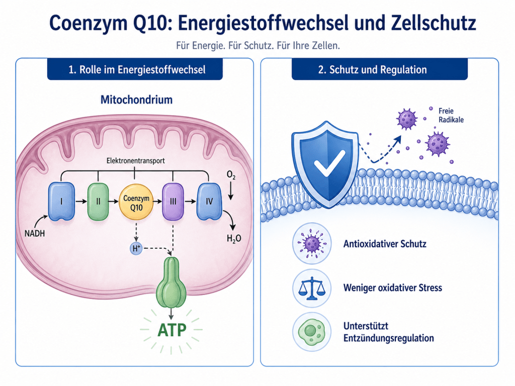 Die Grafik zeigt die Rolle von Coenzym Q10 im Energiestoffwechsel und Zellschutz. Auf der linken Seite wird ein Mitochondrium dargestellt, in dem Coenzym Q10 als Bestandteil der Atmungskette am Elektronentransport beteiligt ist und damit die Bildung von ATP unterstützt, der zentralen Energieform der Zelle. Auf der rechten Seite steht die Schutzfunktion im Mittelpunkt: Coenzym Q10 wird als antioxidativer Schutzfaktor dargestellt, der freie Radikale abfangen, oxidativen Stress reduzieren und die Regulation von Entzündungsprozessen unterstützen kann. Die Grafik macht sichtbar, dass Coenzym Q10 Energieproduktion und Zellschutz miteinander verbindet.
